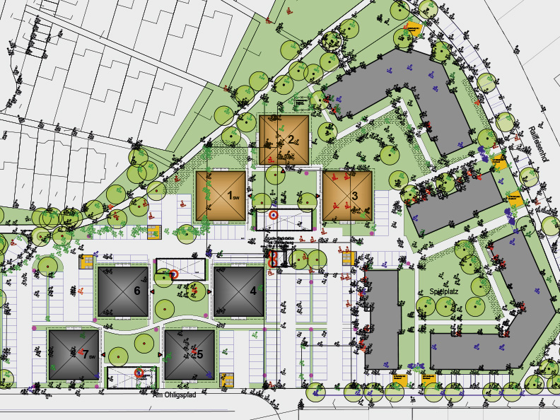Lageplan einer Wohnanlage mit nummerierten Stadtvillen, Grünflächen, Parkplätzen und einem Spielplatz