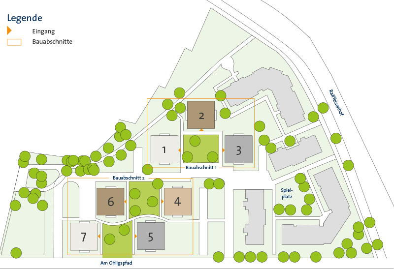 Lageplan Lageplan mit nummerierten Gebäuden, Bauabschnitten und Spielplatz in einer Wohnanlage