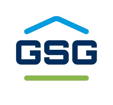 Blaues Logo mit der Aufschrift GSG unter einem stilisierten blauen Hausdach und über einem grünen Balken