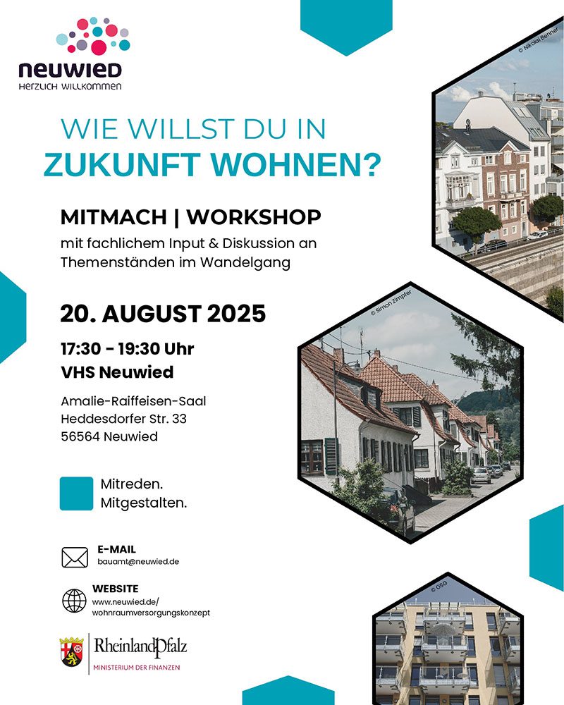 Infografik zum Mitmach-Workshop Wie willst du in Zukunft wohnen mit Fotos verschiedener Wohngebäude und Hausfassaden