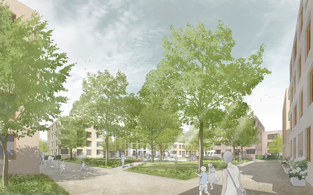 Architekturvisualisierung vom Werth-Viertel mit modernen Wohngebäuden, vielen Bäumen und Menschen im grünen Innenhof