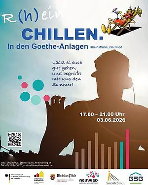 Veranstaltungsplakat Rhein chillen mit einer entspannten Ameise im Liegestuhl und der Silhouette eines DJs